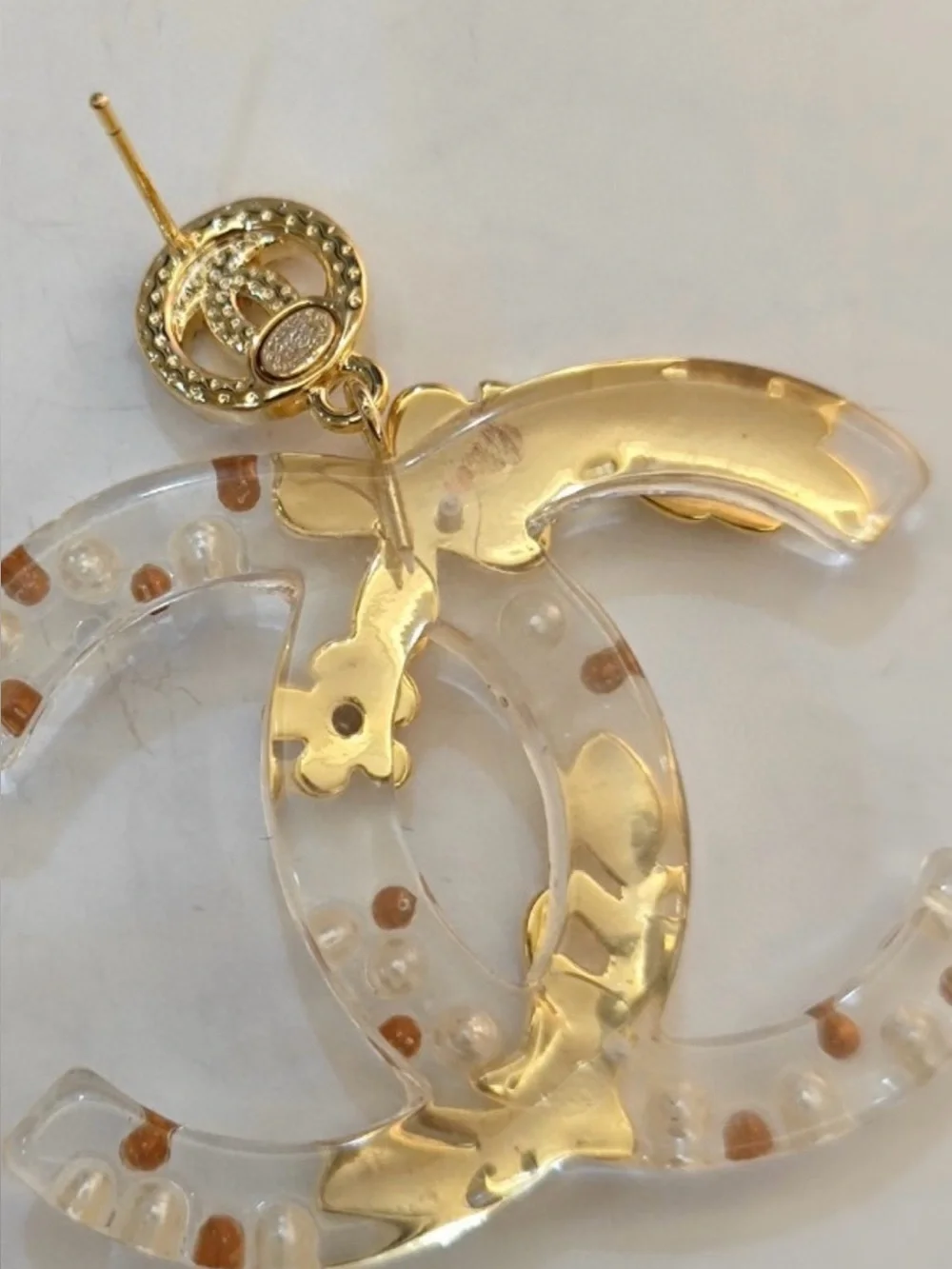 Double C Acrylic Logo Ornate Gold- Tone Star ⭐️ and Pearl Accent Dangle Earrings